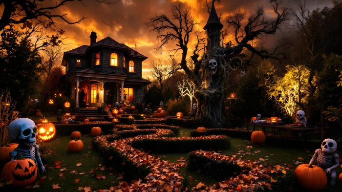 An image showing a Halloween party idea with a haunted house maze setup, featuring spooky decorations, dim lighting.