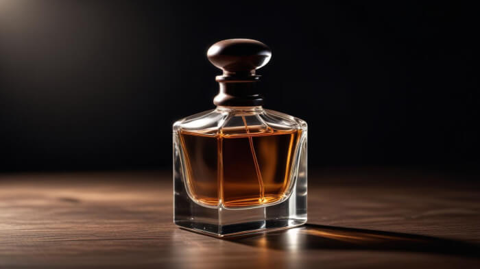  A product photoshoot of a perfume in low-key lighting.