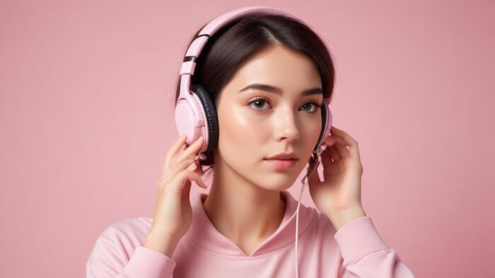 A product-in-use shot of a woman using headphones.