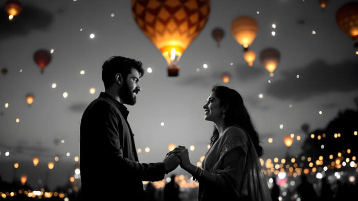 Couple standing together holding a Diwali lamp in the sky for Diwali shoot ideas