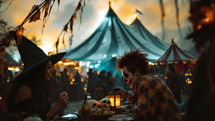 An image of a haunted circus Halloween party idea with spooky tents and people dressed as a creepy clown and a witch.