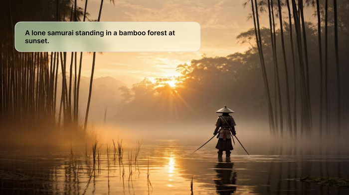 AI-generated image of a samurai standing in a bamboo forest at sunset, created with a text prompt in LightX