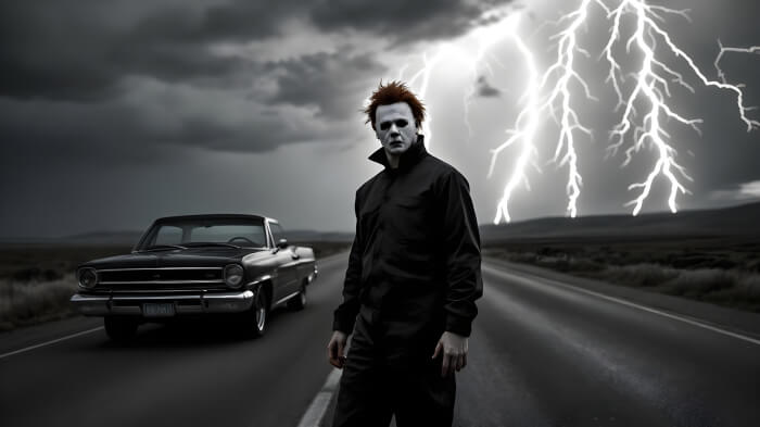 An image of a man dressed as Michael Myers (Halloween) costume against a spooky backdrop. 