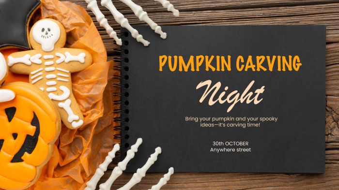 A pumpkin carving Halloween party invite with the text reading, “Bring your pumpkin and your spooky ideas—it’s carving time!”