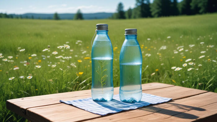 A product image of water bottles in an outdoor setting.