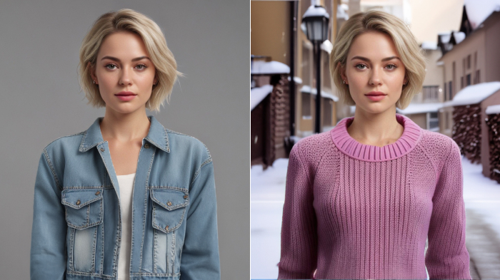 An image comparing a woman’s original outfit with an AI-generated winter outfit featuring a sweater.