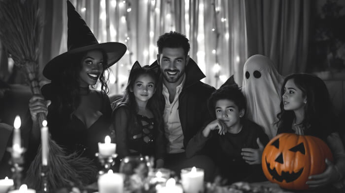 An image of a supernatural gathering Halloween party idea with people dressed as spirits, mediums, and a mystical setup.