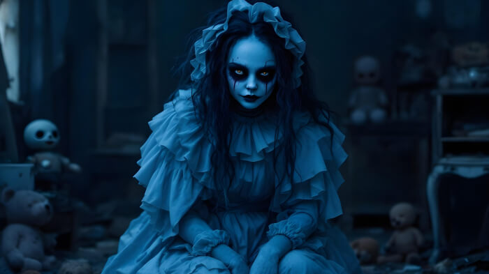 An image of a girl in a possessed doll Halloween costume and makeup sitting in a room with haunting decor.