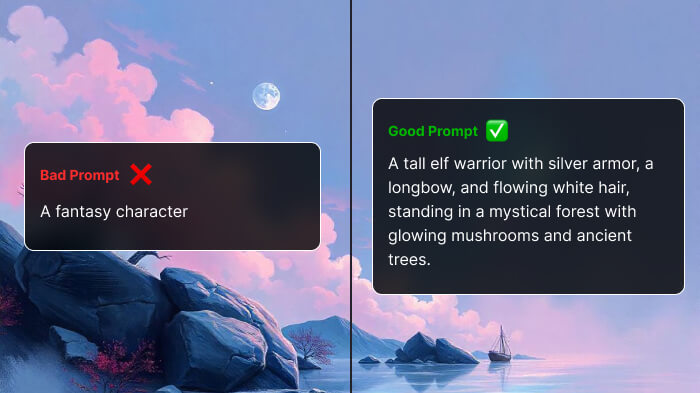 Comparison of AI-generated images showing good prompt vs. bad prompts