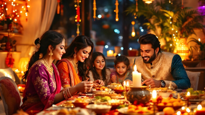 Joint family sitting together enjoying sweets and fun Diwali family shoot ideas