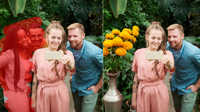 Photo collage: left shows a group with unwanted people, right has them replaced by a flower vase via LightX AI replace tool.