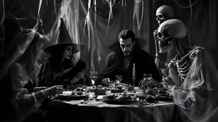 An image of a mysterious dinner Halloween party idea with eerie decor, dim lighting, and guests dressed in scary attire.