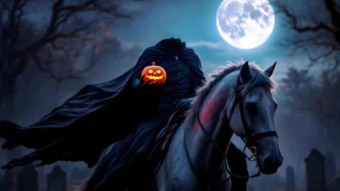 An image of a person in a headless horseman Halloween costume in a nighttime scene. 