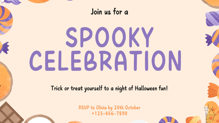 A trick or treat Halloween party invite with the text reading, “Trick or treat yourself to a night of Halloween fun!”