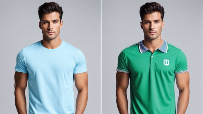 An image comparing a man's original outfit with an athleisure look, including a t-shirt, generated by AI.