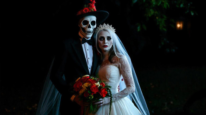 An image of the ghost bride and groom photoshoot idea for Halloween, featuring a couple in a ghostly wedding look.