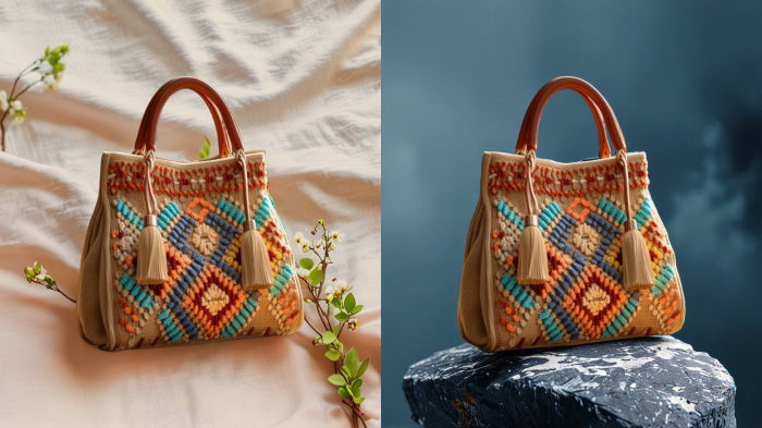 AI providing background recommendations for a women's bag, optimizing the visual appeal for product photography.