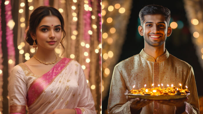 Diwali shoot ideas featuring a man and woman with a festive theme.