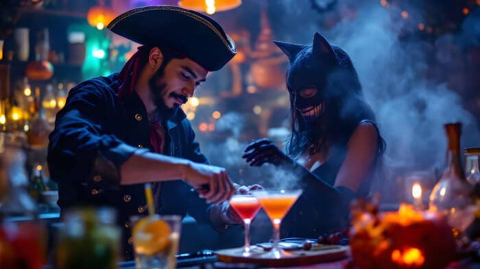 An image of a creepy cocktail mixing Halloween party idea featuring people mixing drinks at a spooky station.