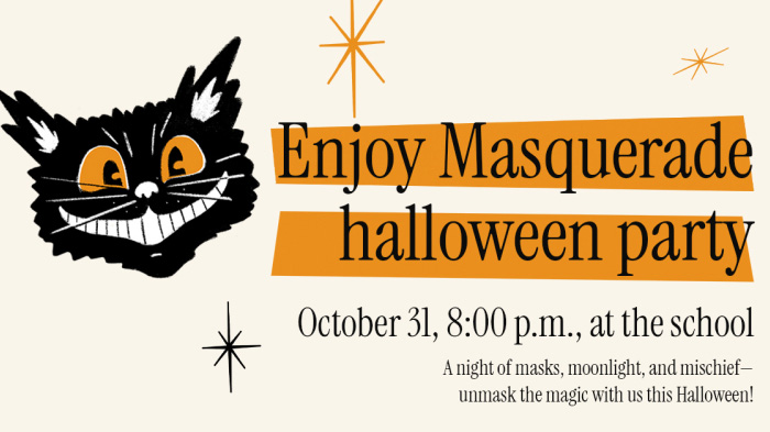 A Halloween masquerade ball party invite with the text reading, “A night of masks, moonlight, and mischief—unmask the magic with us this Halloween!”