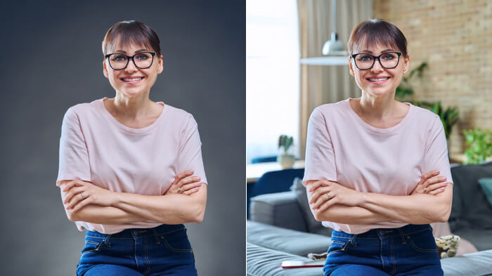 Two images of a women smiling with glasses on showing the comparison of taking the professional headshot at home