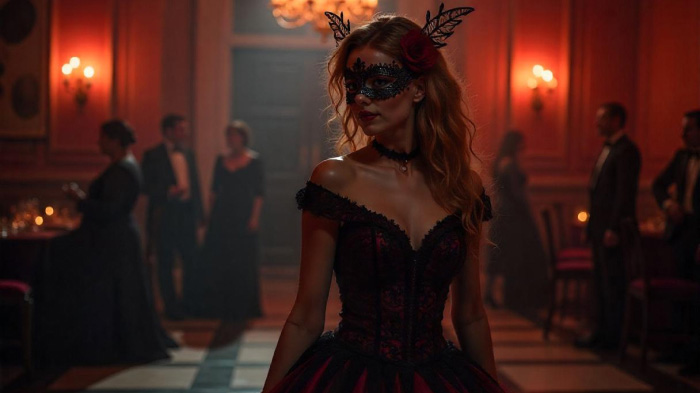 An image of the masked ball photoshoot idea for Halloween, featuring a girl in a gown with a mask at a creepy ballroom scene.