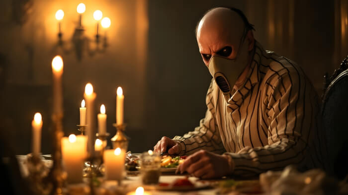 A man in Hannibal Lecter Halloween costume sitting on a dinner table with candles.