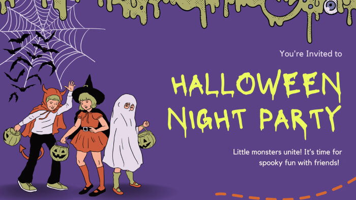 A Halloween kid’s party invite with the text reading, “Little monsters unite! It’s time for spooky fun with friends!”