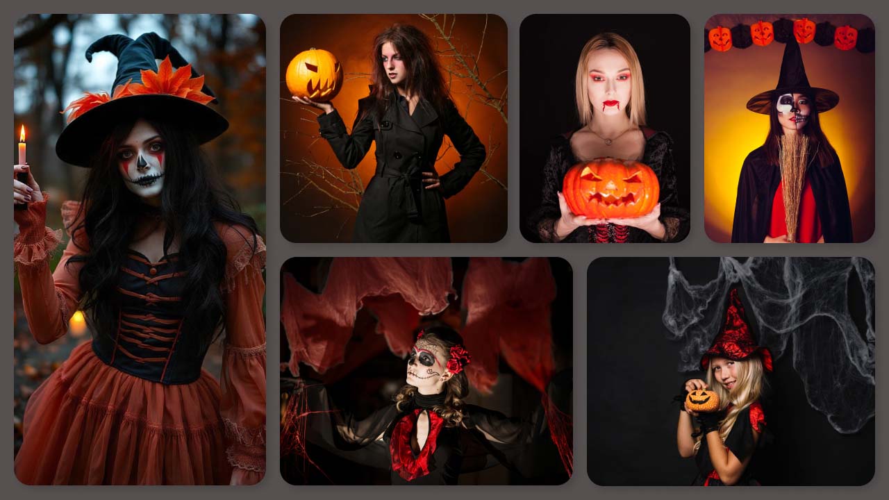 A collage of multiple images, presenting different Halloween photoshoot ideas.