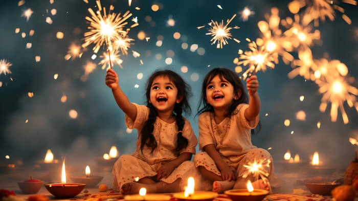 Diwali baby shoot with kids holding phuljhari sparklers