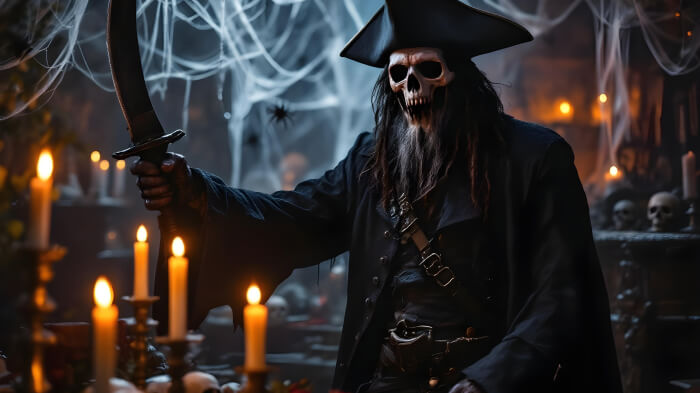 An image of a ghost ship Halloween party featuring a person as a pirate, a treasure chest, skulls, and candles in the setup.