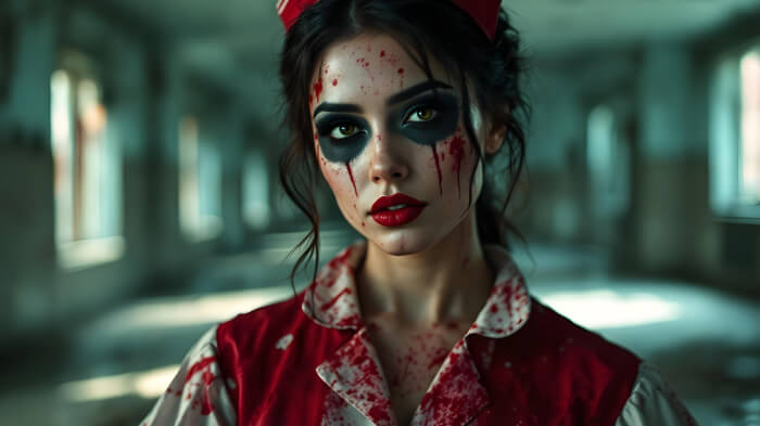 A woman dressed in a bloody, vintage nurse's uniform for Halloween costume, with dark eye makeup and smeared lipstick.