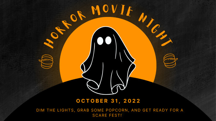 A Halloween horror movie marathon party invite with the text reading, “Dim the lights, grab some popcorn, and get ready for a scare fest!”