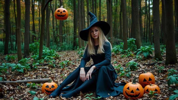 An image of the forest photoshoot idea for Halloween, featuring a girl, pumpkins, and mysterious vibe