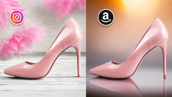 AI-generated variations of pink heels designed for Instagram and Amazon, showcasing different styles for targeted marketing.