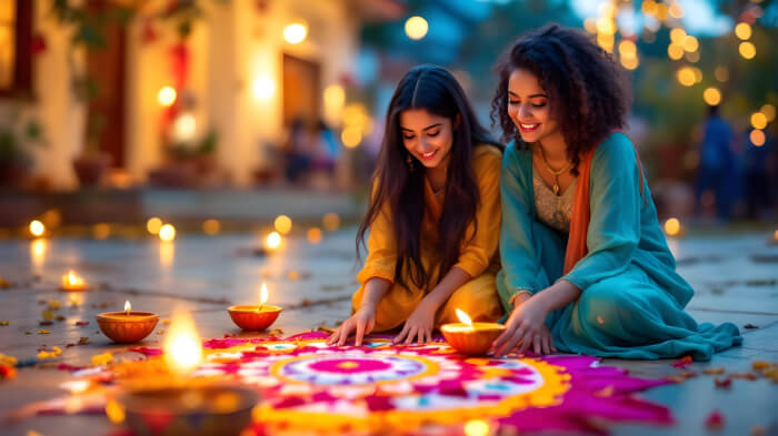 Diwali shoot ideas for girls with rangoli design