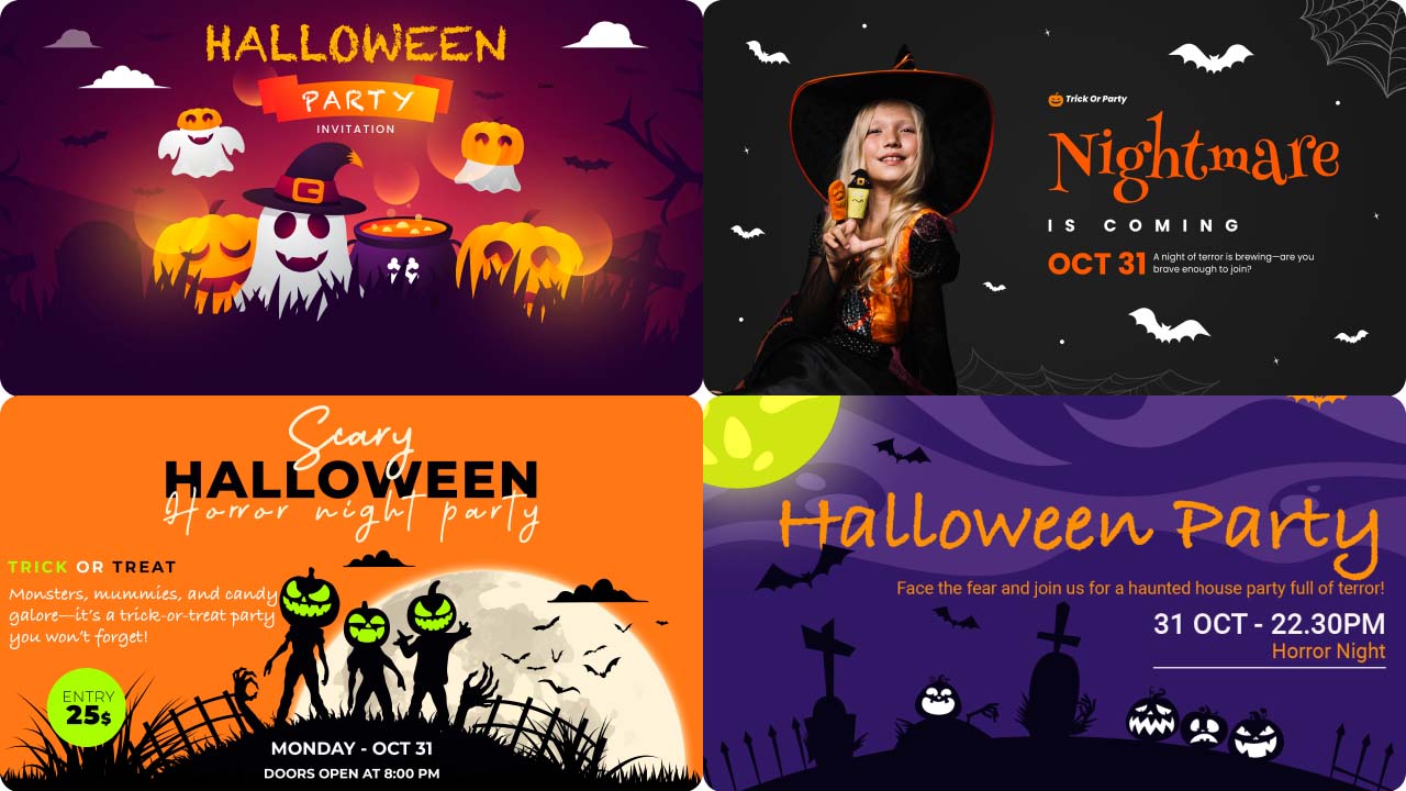 A collage of different images with Halloween party invitation wording