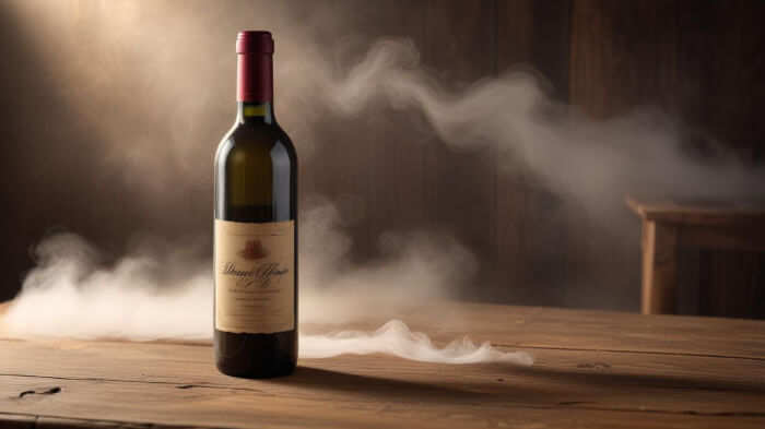 A product shot of a wine bottle with the fog in the background.