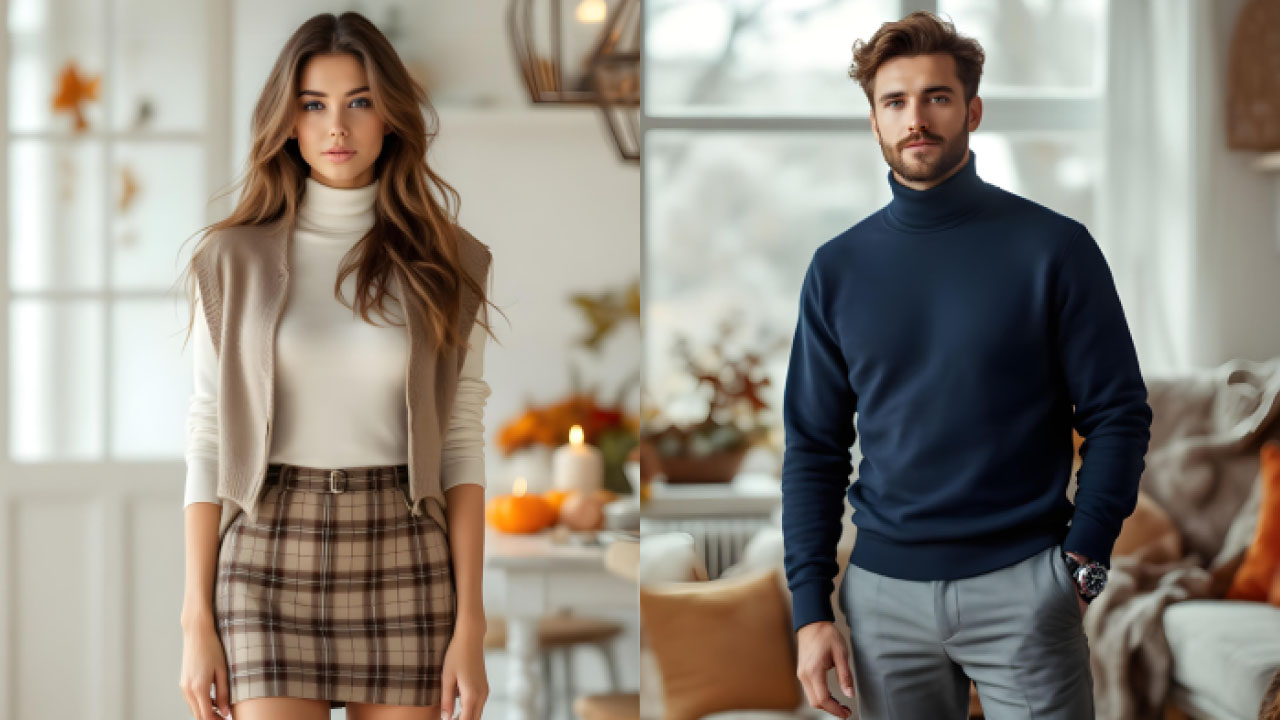 A collage of female and male Thanksgiving outfit idea.