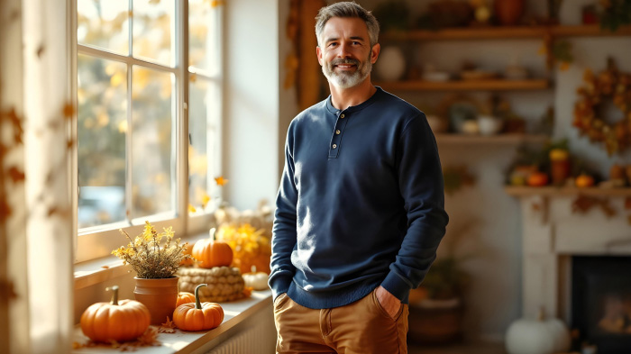 A male Thanksgiving outfit featuring a henley shirt with corduroy pants.
