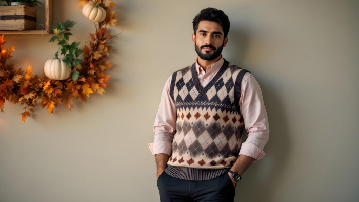 A men’s Thanksgiving day fashion idea, featuring a sweater vest over a button-down shirt with trousers.
