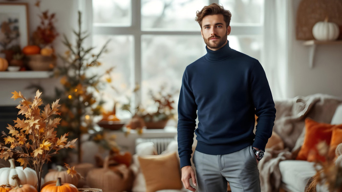 A Thanksgiving clothing idea for men, featuring a turtleneck sweater with slim-fit trousers.
