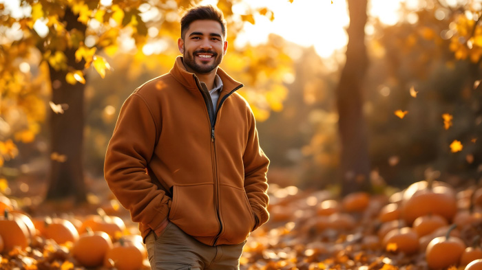 A Thanksgiving fall outfit for men, featuring a fleece jacket with cargo pants.
