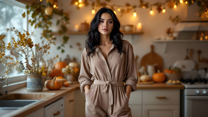  A female Thanksgiving outfit featuring a corduroy jumpsuit with a belted waist.
