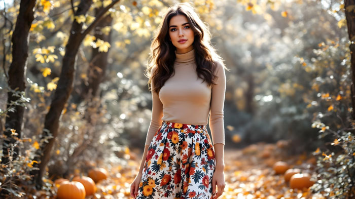 A women’s Thanksgiving day fashion idea, featuring a floral midi skirt with a turtleneck top.
