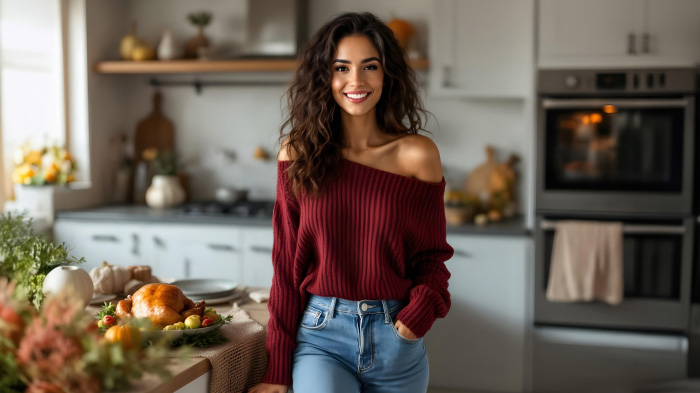 A Thanksgiving outfit style for women, featuring an off-the-shoulder sweater paired with high-waisted pants.