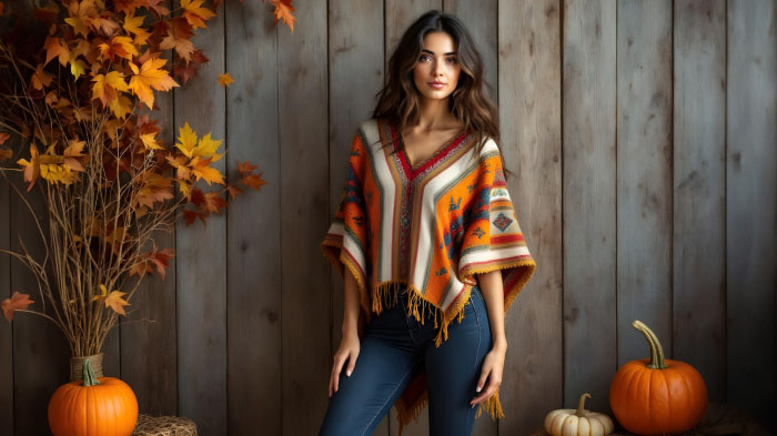 A Thanksgiving clothing idea for women, featuring a poncho and skinny jeans.
