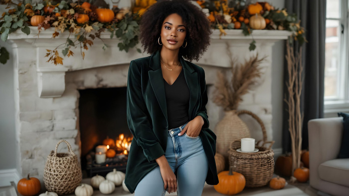 A Thanksgiving fall outfit for women, featuring a velvet blazer with fitted jeans.
