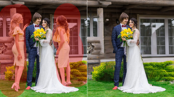 Comparison collage of a couple’s wedding photo. Left, with unwanted people. Right, without them using the remove people AI. 