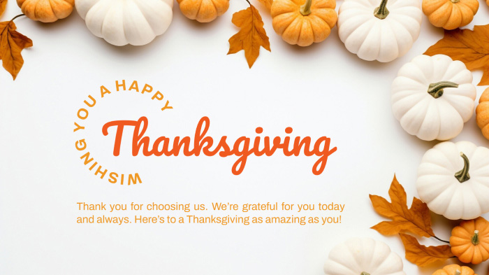 A Thanksgiving card for clients and customers with a message and Thanksgiving-themed imagery.